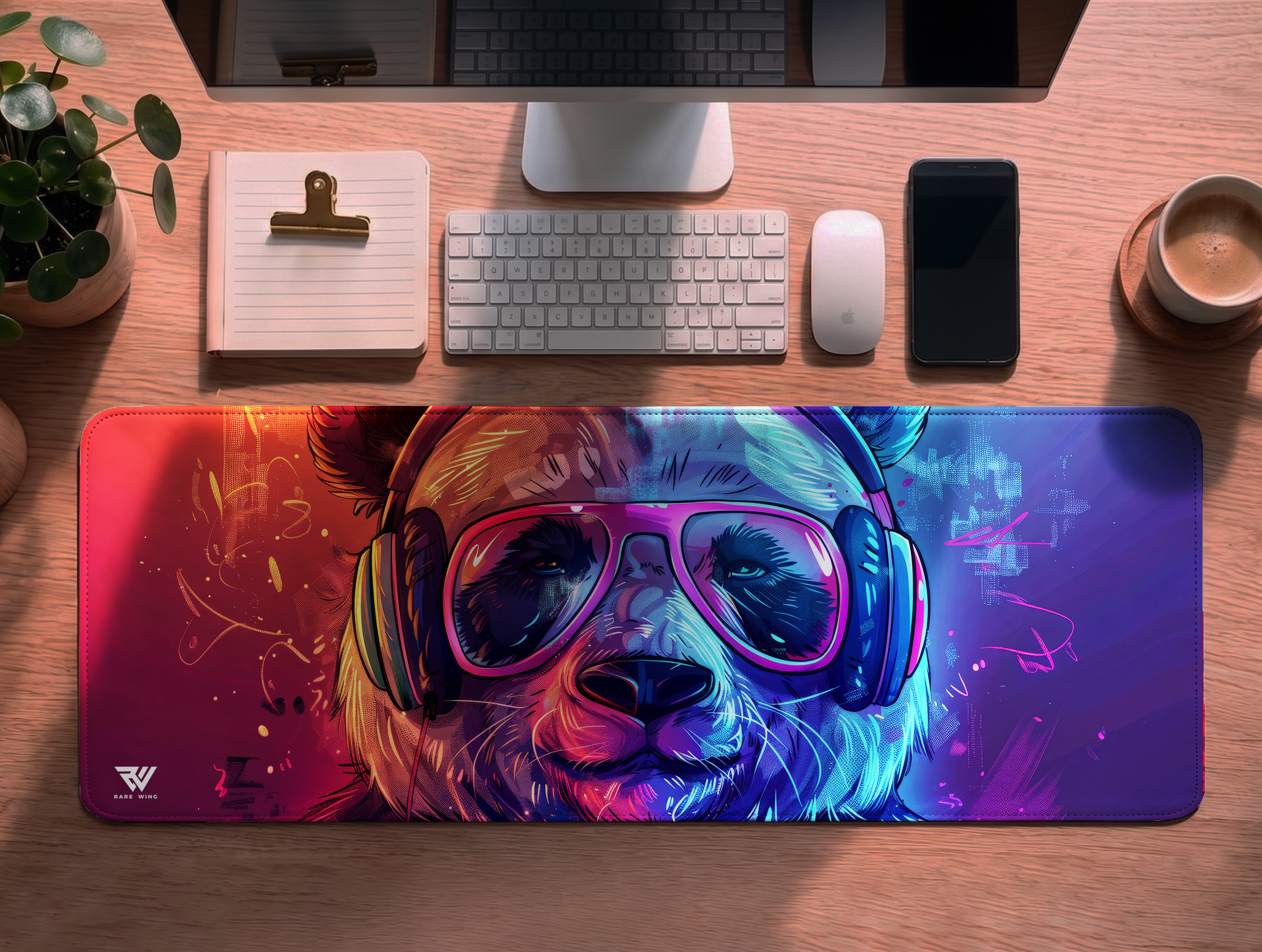 Neon Beat Panda Desk Mat - custom printed gaming mouse pad and desk mat