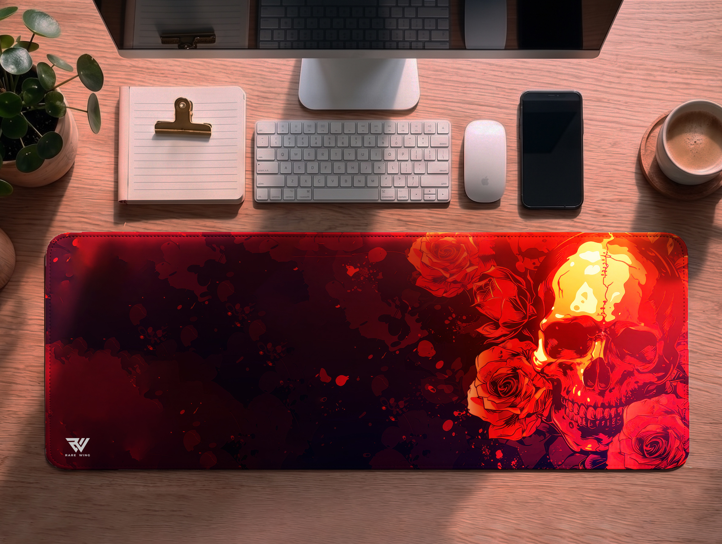 Crimson Rose Skull Desk Mat - custom printed gaming mouse pad and desk mat
